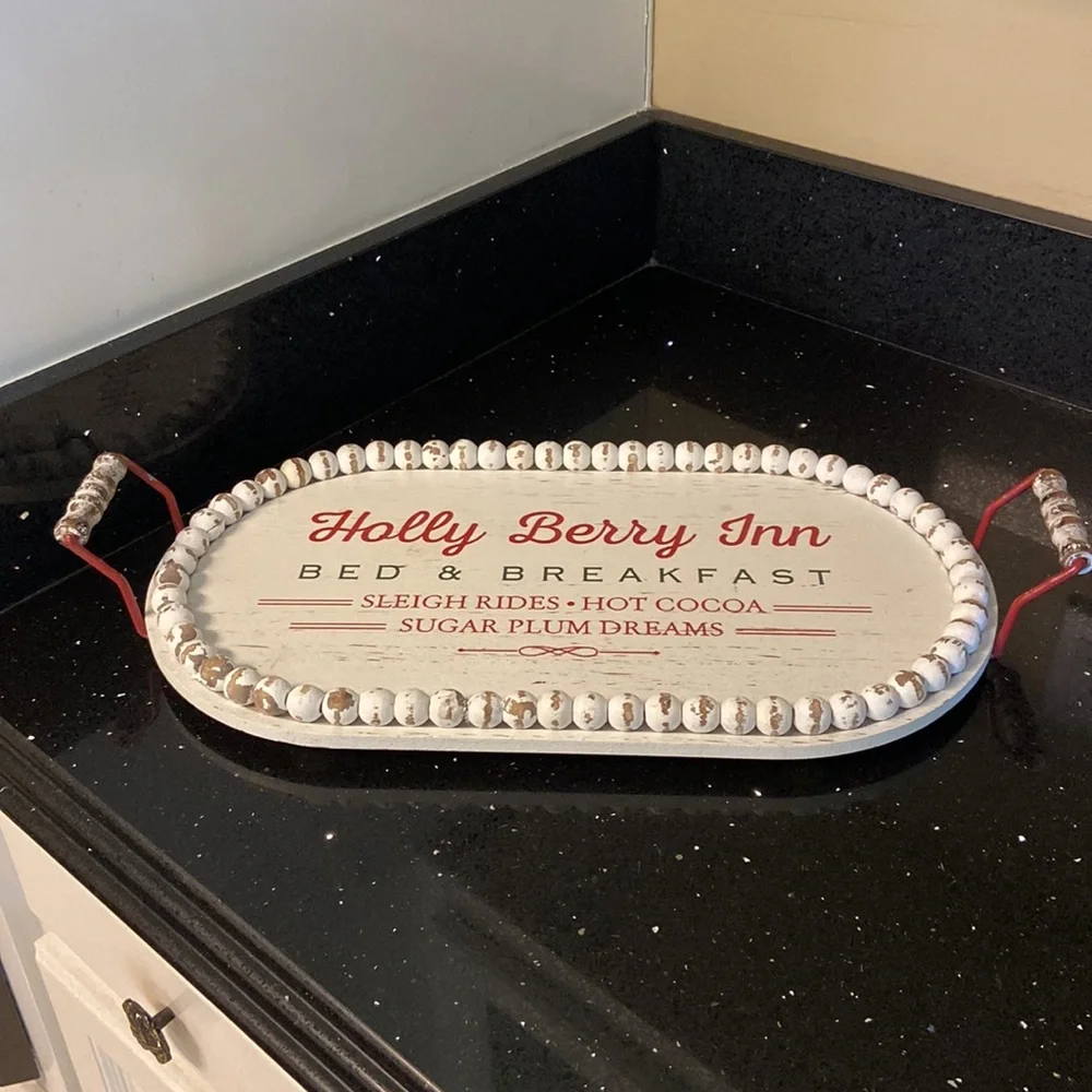 18” Tray HOLLY BERRY Christmas Holiday Wood Shabby Chic Chippy Beaded Farmhouse - Picture 2 of 10